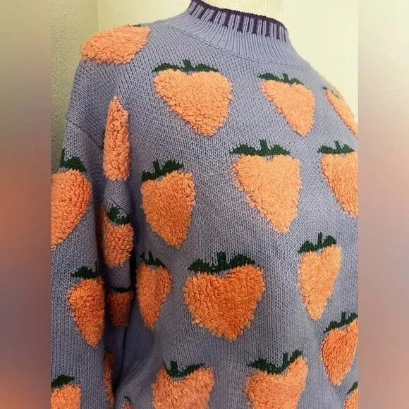 NWOT Strawberry Pattern Sweater lavender peach pink purple - Picture 2 of 5